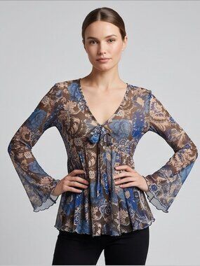 Boho Floral Blouse Long Bell Sleeve Tie-Front Peplum Top